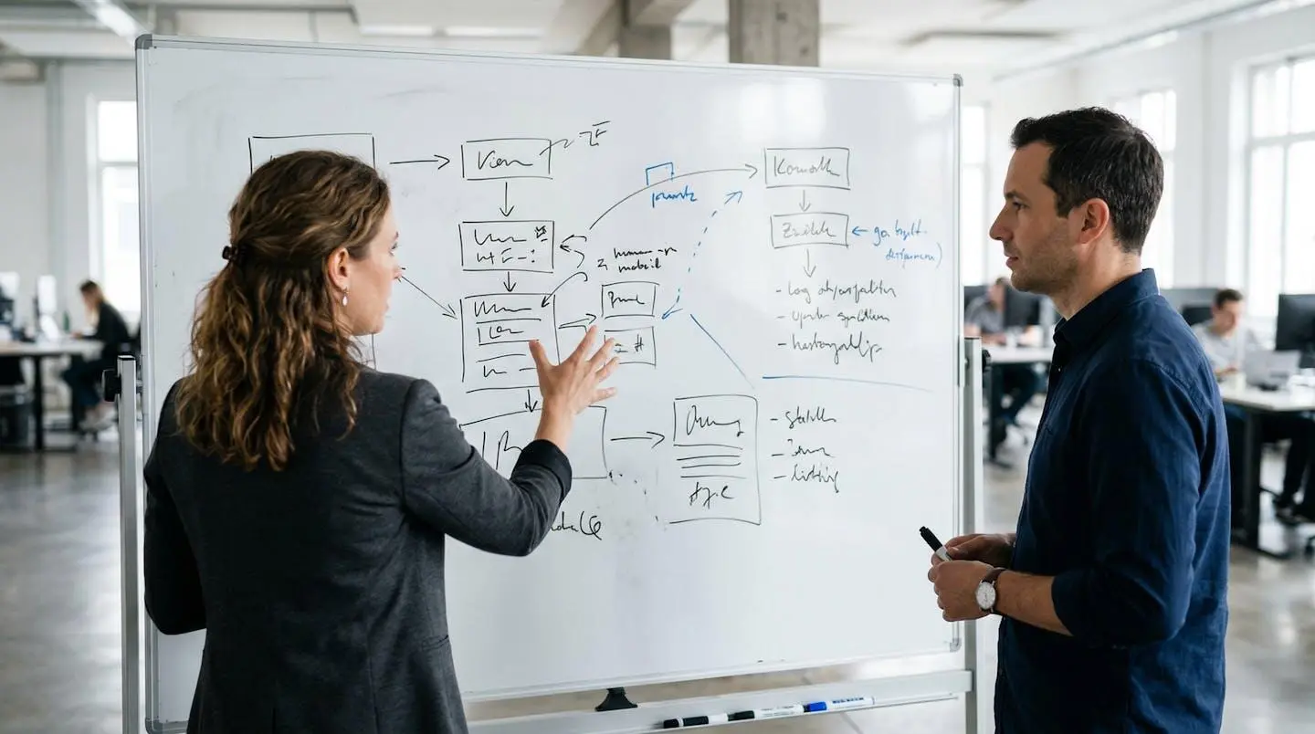 Deux professionnels vus de dos discutent devant un tableau blanc où sont dessinés des schémas simples à la main